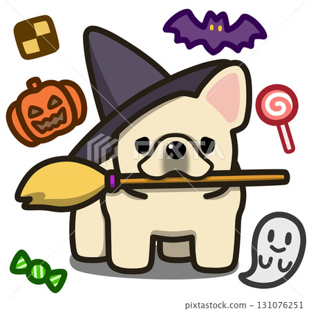 Cream-colored French bulldog in Halloween costume Cream-colored French bulldog in Halloween costume 131076251
