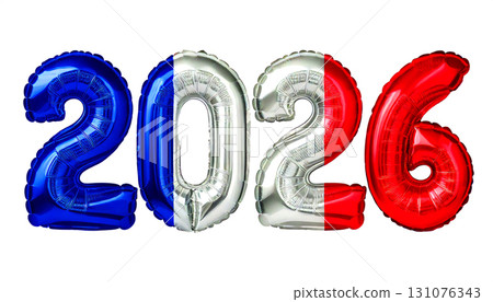 帶有法國國旗圖案的氣球,形狀為數字 2026。白色背景 帶有法國國旗圖案的氣球,形狀為數字 2026。白色背景 131076343