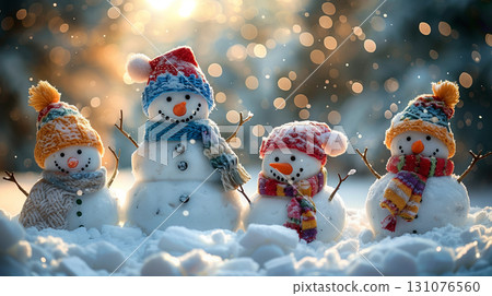 cute snowmen with colorful hats and scarves in snowy winter landscape during Christmas holidays 131076560
