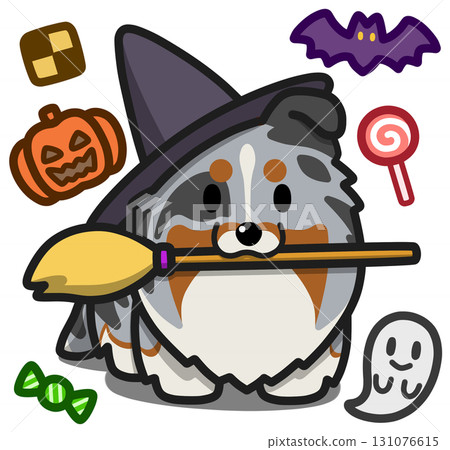 Blue merle sheltie or rough collie in Halloween costume 131076615