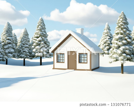 cozy winter house surrounded by snow covered trees creates serene Christmas atmosphere. bright blue sky and fluffy clouds enhance peaceful scene 131076771