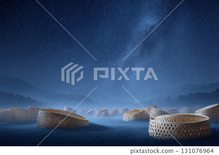 Thai style wallpaper, Coconut shell galaxy night sky mist palm tree surreal magical tropical dreamy landscape Coconut shells open to reveal glowing galaxies dreamy night sky surrounded by mist 131076964