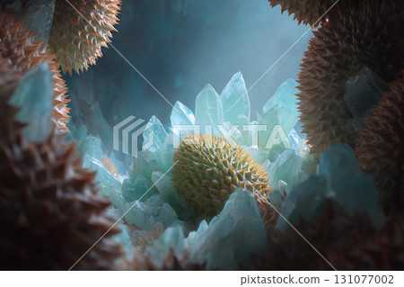 Thai style wallpaper, Coconut shell galaxy night sky mist palm tree surreal magical tropical dreamy landscape Coconut shells open to reveal glowing galaxies dreamy night sky surrounded by mist 131077002