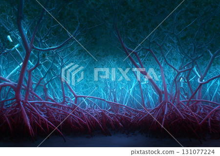Thai style wallpaper, Mangrove roots stretch infinitely in surreal fractal pattern illuminated by blue and pink light, creating mysterious and enchanting tropical forest atmosphere Thai style wallpaper, Mangrove roots stretch infinitely in surreal fractal pattern illuminated by blue and pink light, creating mysterious and enchanting tropical forest atmosphere 131077224