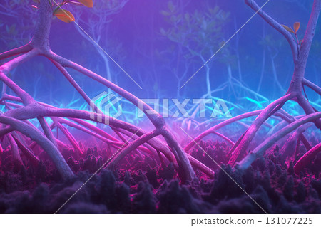 Thai style wallpaper, Mangrove roots stretch infinitely in surreal fractal pattern illuminated by blue and pink light, creating mysterious and enchanting tropical forest atmosphere Thai style wallpaper, Mangrove roots stretch infinitely in surreal fractal pattern illuminated by blue and pink light, creating mysterious and enchanting tropical forest atmosphere 131077225
