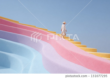 Thai style wallpaper, Pastel stairway woman in white dress hat walking surreal outdoor scene blue sky minimalistic calm dreamy atmosphere modern architecture Thai style wallpaper, Pastel stairway woman in white dress hat walking surreal outdoor scene blue sky minimalistic calm dreamy atmosphere modern architecture 131077295