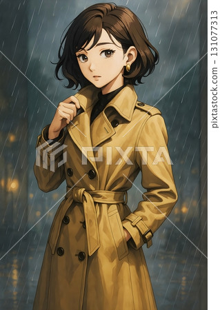 A woman wearing a beige trench coat in the rain 131077313