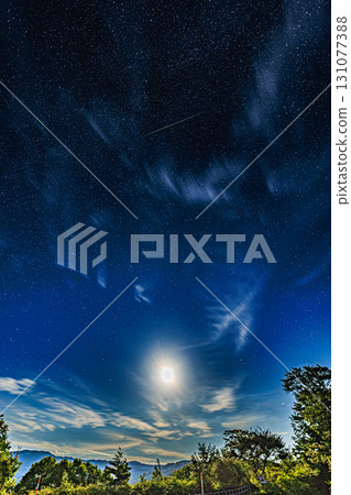 The Perseid meteor shower and moonlight in the summer night sky 131077388