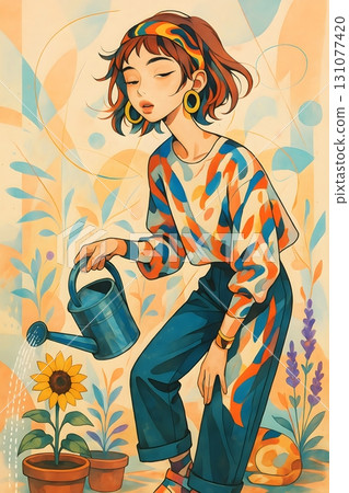 女人給向日葵澆水-柔和的園藝插圖 女人給向日葵澆水-柔和的園藝插圖 131077420
