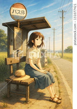 夏天站在公車站的女孩 — — 鄉村道路的懷舊風景 夏天站在公車站的女孩 — — 鄉村道路的懷舊風景 131077421