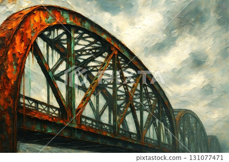Retro industrial style illustration of a rusty iron bridge and a cloudy sky 131077471