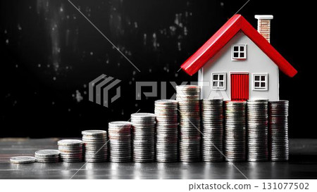 wooden house with coins wooden house with coins 131077502
