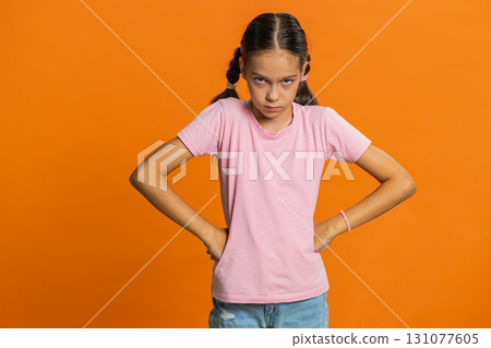 Child girl kid expressing disbelief irritation feeling bored nervous disappointed fail lose game 131077605
