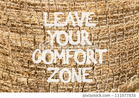 Leave your comfort zone symbol. Concept words Leave your comfort zone on beautiful palm bark. Beautiful palm tree bark background. Business psychological Leave your comfort zone concept. Copy space. 131077838