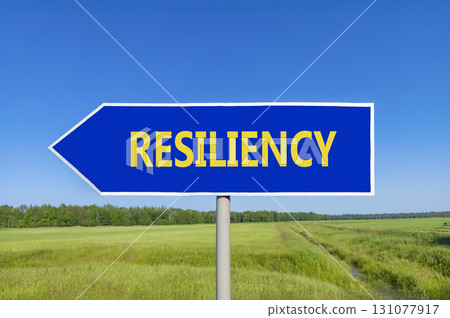 Resiliency symbol. Concept word Resiliency on beautiful blue road sign. Beautiful blue sky green grass and forest peaceful nature background. Business resiliency concept. Copy space. Resiliency symbol. Concept word Resiliency on beautiful blue road sign. Beautiful blue sky green grass and forest peaceful nature background. Business resiliency concept. Copy space. 131077917