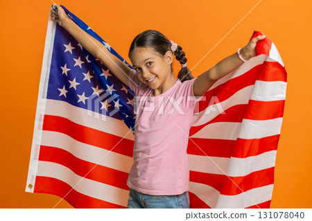 Child girl kid waving American USA flag, celebrating human rights and freedoms president election Child girl kid waving American USA flag, celebrating human rights and freedoms president election 131078040