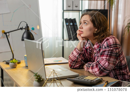 Stressed sad business woman losing job having financial problems at home office workplace bankruptcy Stressed sad business woman losing job having financial problems at home office workplace bankruptcy 131078078