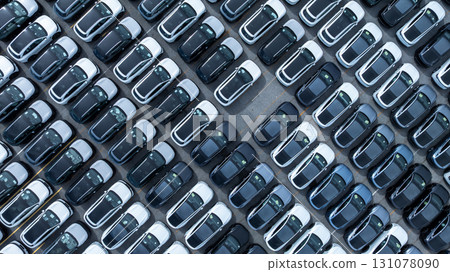 Aerial view car for sale stock lot row, Cars dealership inventory distribution automobile and automotive business, New cars parking for sale automobile automotive industry business. 131078090