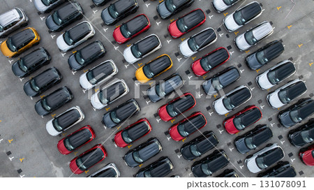 Aerial view car for sale stock lot row, Cars dealership inventory distribution automobile and automotive business, New cars parking for sale automobile automotive industry business. 131078091