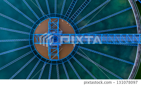 Aerial view circular clarifier tank at wastewater treatment plant, Industrial infrastructure, Environment technology sustainable water management system, Sedimentation tank circular clarifier. 131078097