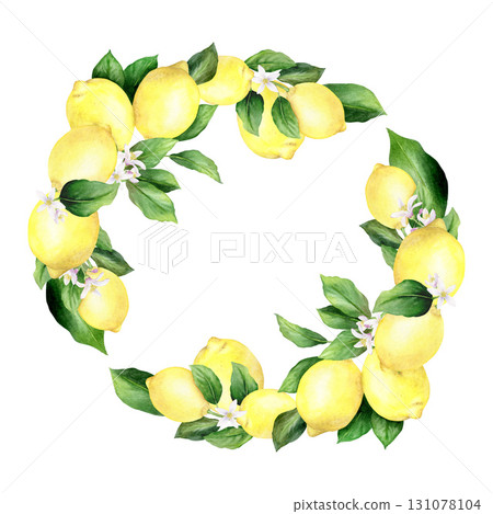 Watercolor lemon wreath is hand drawn and consists of lemons, flowers and leaves. Illustration of a citrus fruit. Isolated on white background. Suitable for food design and printing. Watercolor lemon wreath is hand drawn and consists of lemons, flowers and leaves. Illustration of a citrus fruit. Isolated on white background. Suitable for food design and printing. 131078104