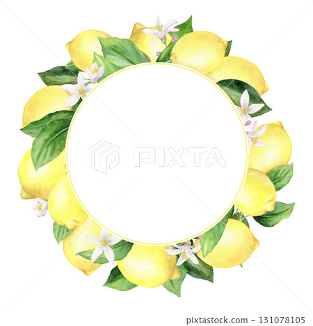 Watercolor lemon wreath is hand drawn and consists of lemons, flowers and leaves. Isolated on white background. Suitable for food design and printing. Watercolor lemon wreath is hand drawn and consists of lemons, flowers and leaves. Isolated on white background. Suitable for food design and printing. 131078105