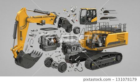 A large construction excavator with its parts suspended mid-air. Each component, including the engine and tracks, is clearly detailed for better understanding of the machinery. 131078179