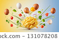 Scrambled eggs sit in the foreground with various ingredients like tomatoes, peppers, and eggs exploding around it. This creative presentation is ideal for a breakfast menu. 131078208
