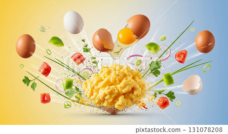 Scrambled eggs sit in the foreground with various ingredients like tomatoes, peppers, and eggs exploding around it. This creative presentation is ideal for a breakfast menu. 131078208
