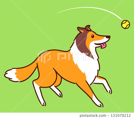 Cartoon Rough Collie dog chasing ball drawing 131078212