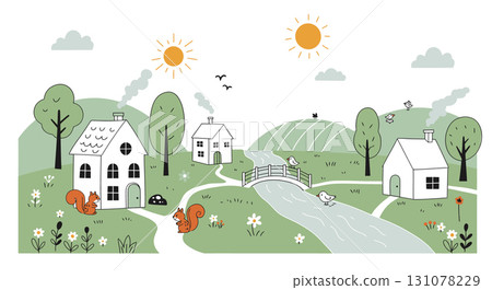 Cute Cartoon Village Landscape with Squirrels 131078229