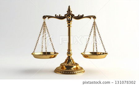 Golden scales of justice isolated on white background, symbolizing law, fairness, equality, judgment, balance, legal system, ethics, morality, and authority 131078302