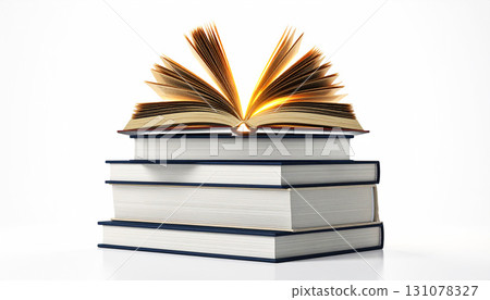 Stack of books with open glowing book on top, symbolizing knowledge, wisdom, education, inspiration, creativity, imagination, and power of learning 131078327