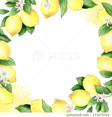 Watercolor square frame with hand drawn illustrations of citrus fruit: lemon branch, lemons, flowers,leaves etc isolated on white background. Suitable for design, printing and decoration of cards. Watercolor square frame with hand drawn illustrations of citrus fruit: lemon branch, lemons, flowers,leaves etc isolated on white background. Suitable for design, printing and decoration of cards. 131078348