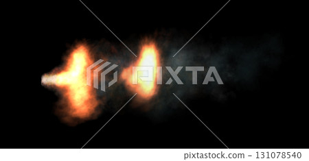 Afterfire exhaust flame burst mockup with smoke on transparent background template for automotive or VFX simulation use 131078540