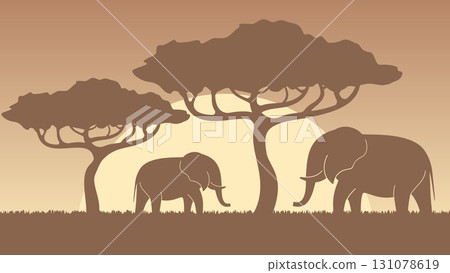 elephant silhouettes on sunset 131078619