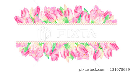 Beautiful watercolor frame of pink tulips leaves pearls.Isolated on a white background.Suitable for cards, design, print, congratulations. Beautiful watercolor frame of pink tulips leaves pearls.Isolated on a white background.Suitable for cards, design, print, congratulations. 131078629