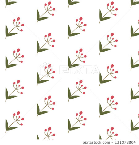 Seamless floral pattern with simple green leaves and red berries on white background for fabric wallpaper and seasonal design Seamless floral pattern with simple green leaves and red berries on white background for fabric wallpaper and seasonal design 131078804