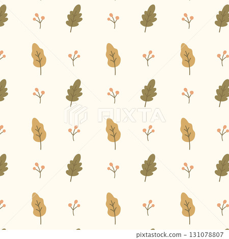 Seamless Autumn Pattern with Hand Drawn Leaves and Berries on Beige Background 131078807