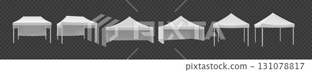 Gazebo tent. White event stand mockup. Realistic outdoor exhibition booth or blank canopy. Summer open trade pavilion banner. Marquee stand different view sides. Vector isolated objects set 131078817