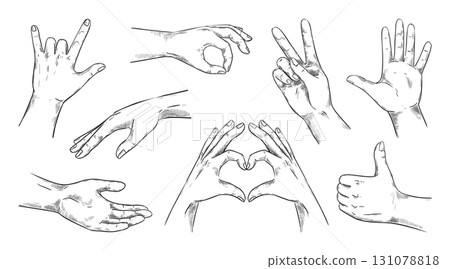 Finger sketch. Hand thumb up or down point. Vintage vote draw. Fist front view. Dislike gestures drawing. People gesticulating. Victory and peace symbols. Vector engraving elements set Finger sketch. Hand thumb up or down point. Vintage vote draw. Fist front view. Dislike gestures drawing. People gesticulating. Victory and peace symbols. Vector engraving elements set 131078818