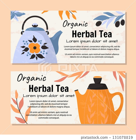 Herbal tea. Organic drink. Hot kettle. Ceramic teapot. Tableware for aroma morning beverage. Traditional natural relaxing flavor. Antioxidant plant leaves. Vector teatime banners set 131078819