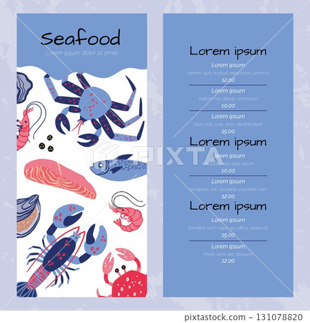 Seafood menu. Restaurant and cafe template. Fish, crab and shrimp. Fresh salmon and lobster. Delicious healthy food. Cooking ingredients. Oceanic products. Vector cartoon flat illustration 131078820