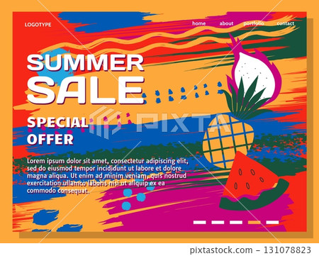 Summer sale banner. Tropical fruits. Seasonal discount landing page. Shop marketing. Special offer promotion. Paint splashes and strokes. Summertime pineapple. Vector website background Summer sale banner. Tropical fruits. Seasonal discount landing page. Shop marketing. Special offer promotion. Paint splashes and strokes. Summertime pineapple. Vector website background 131078823