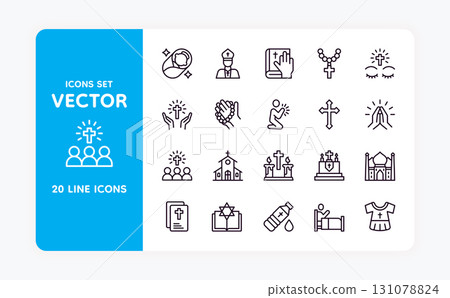 Religion pictograms. Synagogue rabbi. Faith dove or Islam religious mosque. Catholic David church. Jesus cathedral candles. Prayers community. Spiritual worship. Vector line icons set 131078824