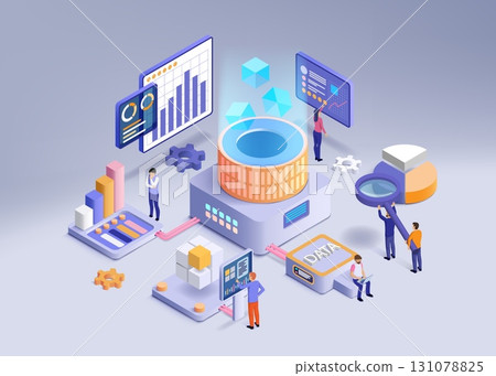 Data analysis. 3D digital dashboard. Business people web design solution. Graphic statistic chart. Analyst brainstorming. Analytics report monitoring. Datacenter computer. Vector concept 131078825