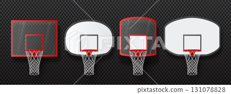 Basketball hoop. Basket net backboard. Realistic court net for player competition. 3D professional ring front view. Streetball playground. Team game. Vector isolated sport equipment set 131078828