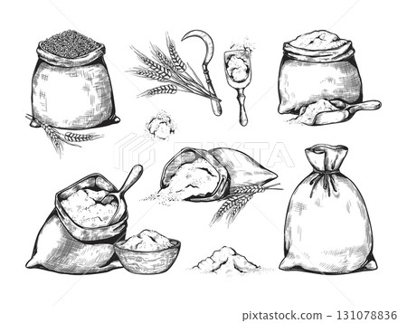 Wheat flour. Sugar sack hand drawing. Corn cereal or engraved line bread mill. Vintage bakery burlap. Baking food. Agriculture harvest. Farming sickle and scoop. Vector sketch elements set Wheat flour. Sugar sack hand drawing. Corn cereal or engraved line bread mill. Vintage bakery burlap. Baking food. Agriculture harvest. Farming sickle and scoop. Vector sketch elements set 131078836