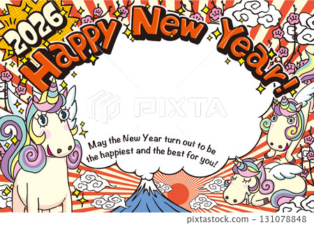 2026年新年相框賀卡「Yurukawa Unicorn」新年快樂英文註釋圖案 2026年新年相框賀卡「Yurukawa Unicorn」新年快樂英文註釋圖案 131078848