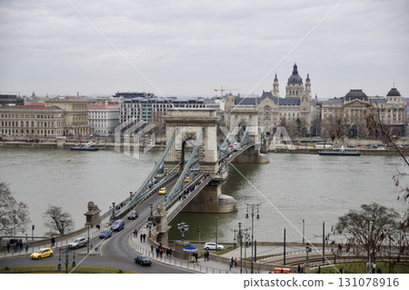 Budapest, Hungary, March 3, 2019: Szechenyi Chain Bridge over the Danube River 131078916